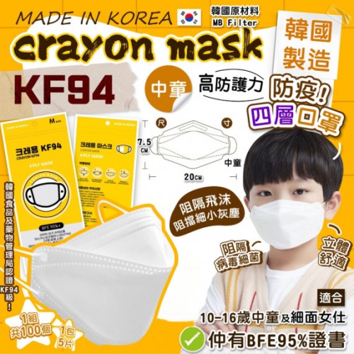 20221001(O)韓國Crayon mask KF94中童防疫四層口罩(1套100個，1包5片)  