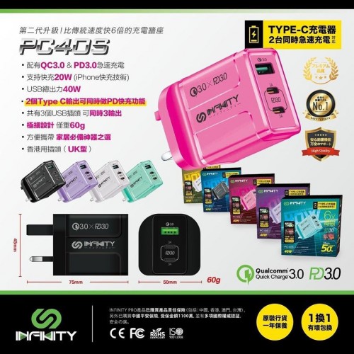 日本INFINITY PC40S 雙快充火牛充電牆座 